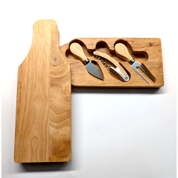 Wood Wine Bottle Shaped Hidden Utensils Cutting Board Knife Opener Fork Picnics - Picture 1 of 5